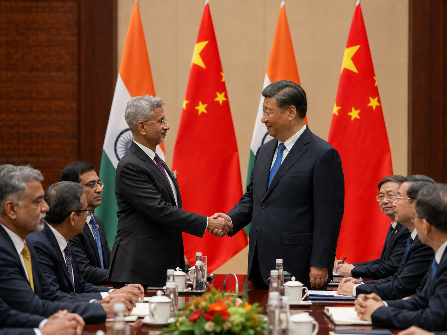 Representantes de China e India se dan la mano en una reunión diplomática