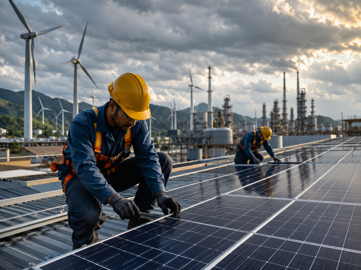 Trabajadores instalan paneles solares con turbinas e infraestructura energética al fondo